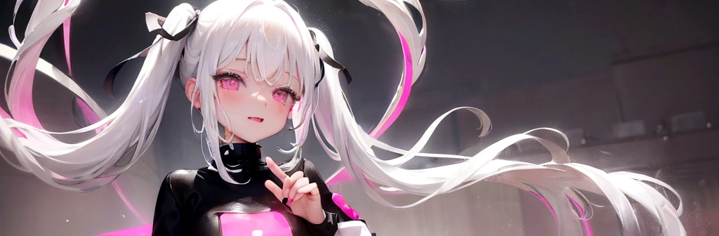 1girl, white hair, short twintails, extremely happy, cheerful, pink eyes, wearing plain black shirt, pink skirt, black leggings, city, absurdres, high res, ultrasharp, 8K, masterpiece, looking at viewer, no hat, holding orange glowsticks in hands, wet clothes, revealing