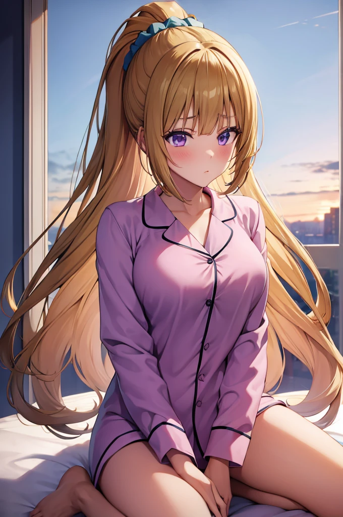 (masterpiece:1.3), (best quality:1.1), (8k, ultra detailed, ultra high res:1.2), ((anime style)), perfect 5 fingers, perfect anatomy, 
1girl,
Kei Karuizawa, 
Kei Karuizawa \(youjitsu\),
BREAK long hair, ponytail, 
yellow hair, 
purple eyes, 
hair scrunchie, 
(medium breasts:0.9), 
BREAK (Pajama Set:1.2), pink pajamas, Nightwear, 
blush, 
looking at viewer, 
cowboy shot, sitting, 
perfect light, indoor, inside, on a bed, spread legs, night time, 