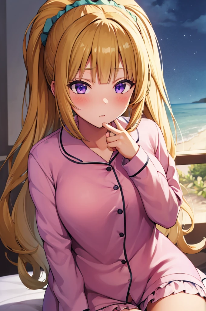 (masterpiece:1.3), (best quality:1.1), (8k, ultra detailed, ultra high res:1.2), ((anime style)), perfect 5 fingers, perfect anatomy, 
1girl,
Kei Karuizawa, 
Kei Karuizawa \(youjitsu\),
BREAK long hair, ponytail, 
yellow hair, 
purple eyes, 
hair scrunchie, 
(medium breasts:0.9), 
BREAK (Pajama Set:1.2), pink pajamas, Nightwear, 
blush, 
looking at viewer, 
cowboy shot, sitting, 
perfect light, indoor, inside, on a bed, spread legs, night time, 