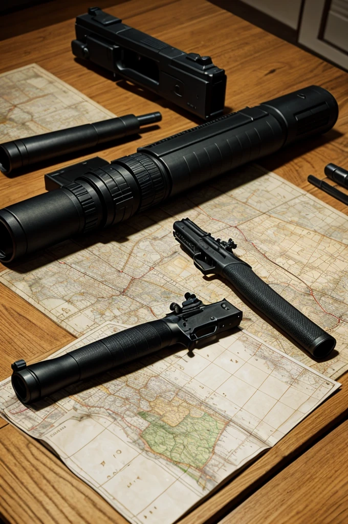 on table there is a map and at corner there is a gun and a bullet