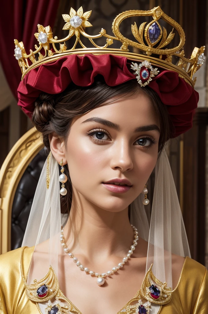 Create the image of a crown: The crown is built on a sturdy circular base, made of solid gold. About the base, four elegant arches rise, decorated with delicate filigree and precious gem inlays, como rubis e sapphires. Each arch ends in a golden cross. Along the crown arches, precious gems are set, reflecting the colors of the Swiss flag and representing rudeness. rubies, sapphires; and diamond among the gems, pearls adorn the crown. Intertwined in the arches of the crown, are delicate carved flowers and leaves, inspired by the alpine flora of Switzerland, like edelweiss and rhododendrons. into the image, there will only be the crown, without anyone using it