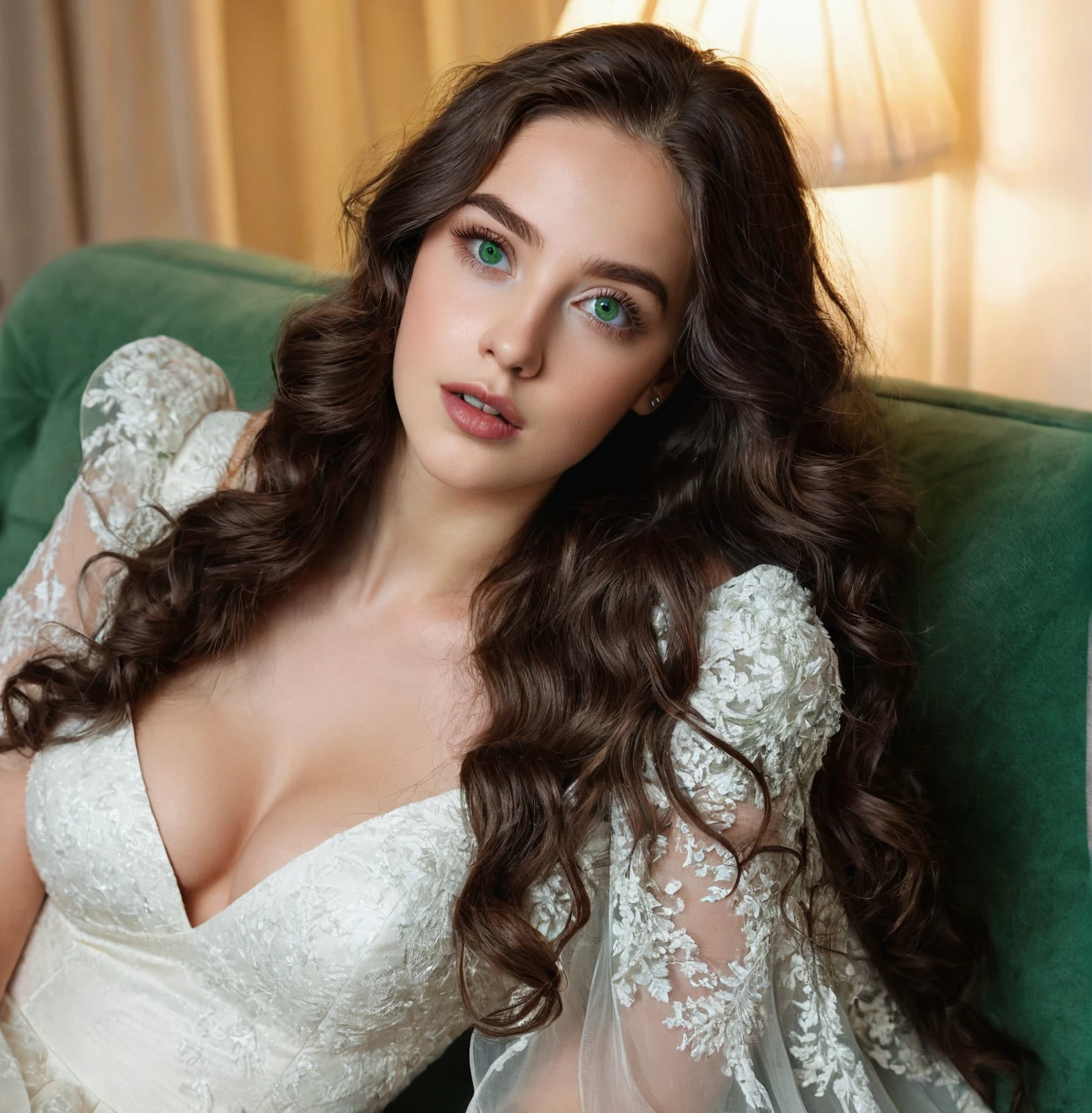 high res, real photo, Odalys Steeve (23 years old, fair skin, long waving hair dark brown, beautiful detailed eyes dark green iris, beautiful detailed lips, firm bust, extremely detailed eyes and face, long eyelashes, wearing simple white long dress) hugging baby on sofa