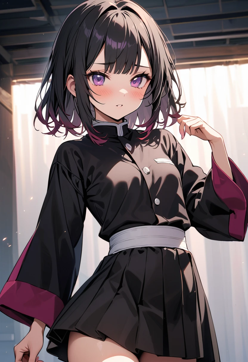 (best quality, masterpiece, ultra highres, ultra-detailed:1.2) ,1girl cosplaying as kanawo tsuyuri from "Demon Slayer: Kimetsu no Yaiba",purple eyes, black hair,small breasts, cowboy shot,at cosplay stage,