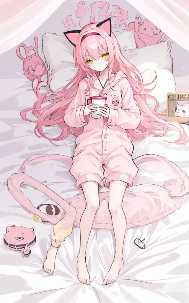 cute anime girl with long pink hair and yellow eyes, on bed, a cup size, short height, slim body, wearing sleeping wear and cat headband.