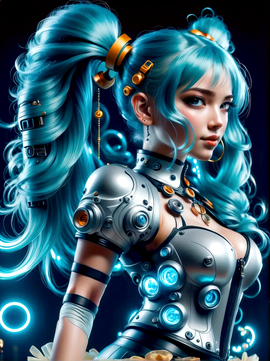 (A young woman with cyan hair in double ponytails:1.5),Wearing a futuristic outfit,Consists of an electronic-themed dress,(Electronic element transparent high heels:1.3),Crystal Shoes Elements,(Her headband consists of a square-shaped emblem.),Hanging ribbons,The color palette includes cyan,black and white,The overall tone is colorful and vibrant,((Looking directly at the audience,first-person view, ass pov))