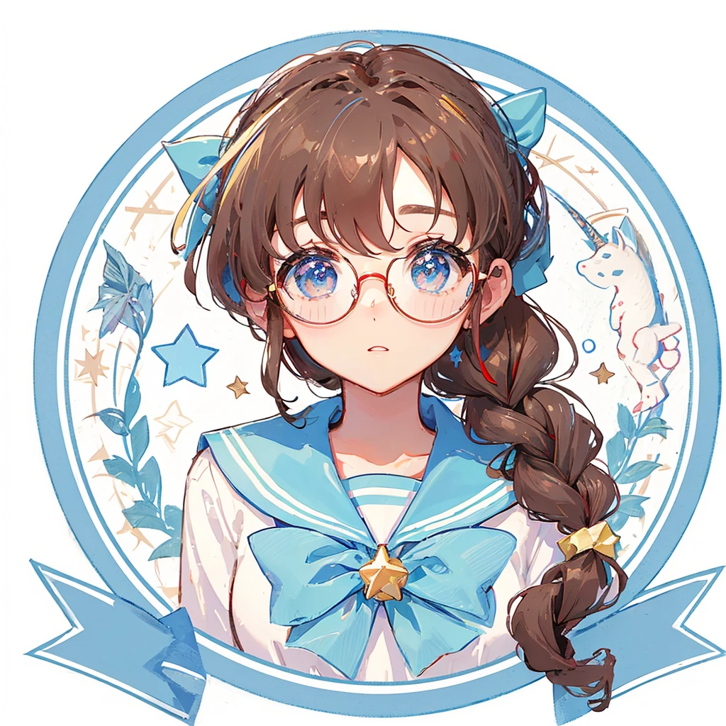 Circular emblem{star、ribbon、unicorn、candy、rainbow}、A girl with a single braided hairstyle{Glasses、Brown Hair、Brown eyes、Light blue sailor suit、Red neckerchief}