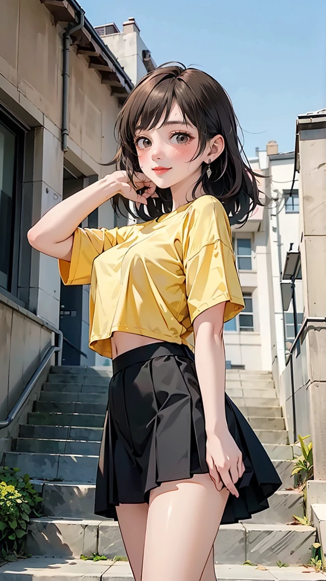 ((((highest quality)))), (((Ultra-precision CG 16K))), (((masterpiece))), (((Very detailed))), (((Extremely detailed))), (((Black outline:1.3, Written boundary depth:1.3 , Written soft outline))), Blur, Bokeh, Maximum clarity and sharpness,Multilayer Texture, Surface Shading, Cinematic lighting, Beautiful details sparkle ,Perfect Proportions, Limited to three woman, BREAK accurate, Anatomically correct, Highly detailed face and skin texture, drawn in detail, Highly detailed facial and skin texture, Detailed eyes, beautiful hair, Beautiful Japanese Idol face, Beautiful and beautiful eyes, Beautiful body, Beautiful breasts, Beautiful thighs, Beautiful legs, Beautiful fingers, (Beautiful views) , skinny body, ((Beautiful Skin)), ((Skin Texture)) BREAK breast enlarged, huge Breasts, rocket breasts, (((perky breasts))), covered nipples ,slender waist, (blush, determined expression, hot, sweaty , Heavy breathing,) BREAK (((no-bra, wearing oversized yellow t-shirt , sportswear, low rise, mini-skirt with slits, no-sleeve, breast is covered by outfit))) , wearing earrings, BREAK ( stick breast out),((( a woman standing on steps of the school:1.3, stretching out, from side , from below, looking at viewer, close up face))),