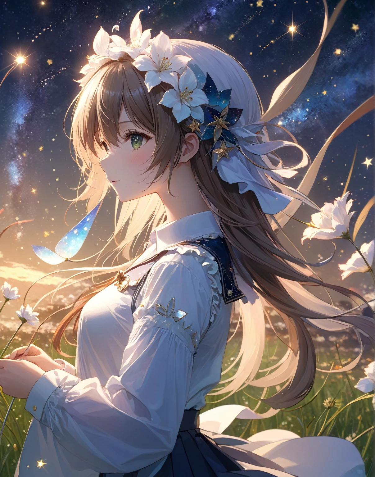 超detailedなイラスト:1.2),Very delicate and beautiful,非常にdetailed,CG,Unity,8k wallpaper,wonderful,detailed,masterpiece,The best quality in the best condition,Official Art,非常にdetailed CG 8k Unbelievably ridiculous resolution,Beautiful and exquisite,High resolution,非常にdetailedな目と顔,1 Girl, Crafting, Starry Sky. sf. grassland. petal.
White shirt, skirt, Wind.
超detailed, Highest quality.