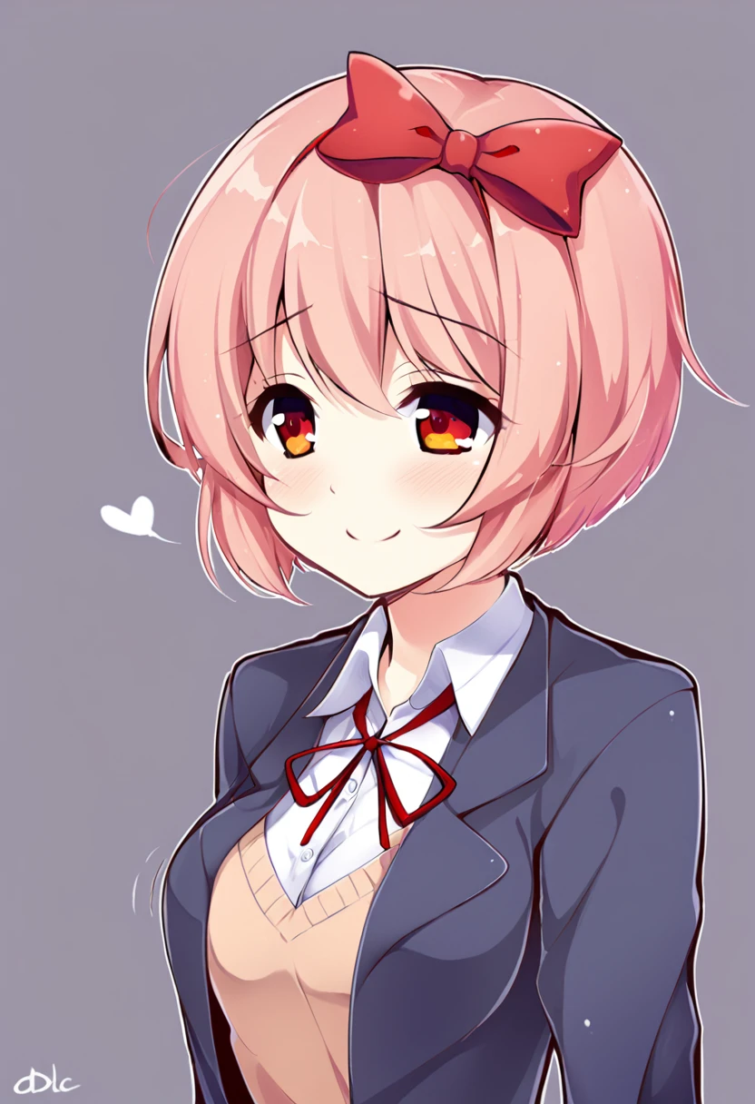 one girl, Sayori, hair bow, short hair, school blazer, DDLC, cute, smile, I stroke her head