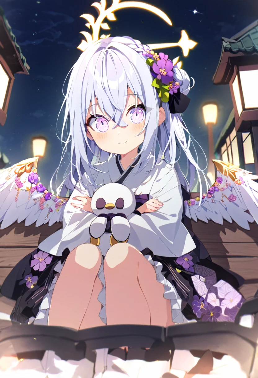 azusa \(blue archive\),1girl alternate_costume alternate_hairstyle angel_wings bench blurry braid braided_bun building depth_of_field feathered_wings flower hair_between_eyes hair_bun halo japanese_clothes kimono lamppost long_hair long_sleeves looking_at_viewer night night_sky obi obiage park park_bench purple_eyes sash sidelocks single_hair_bun sitting sky skyline skyscraper solo star_(sky) starry_sky stuffed_toy tree v_arms white_hair white_wings wide_sleeves wings yukata smile