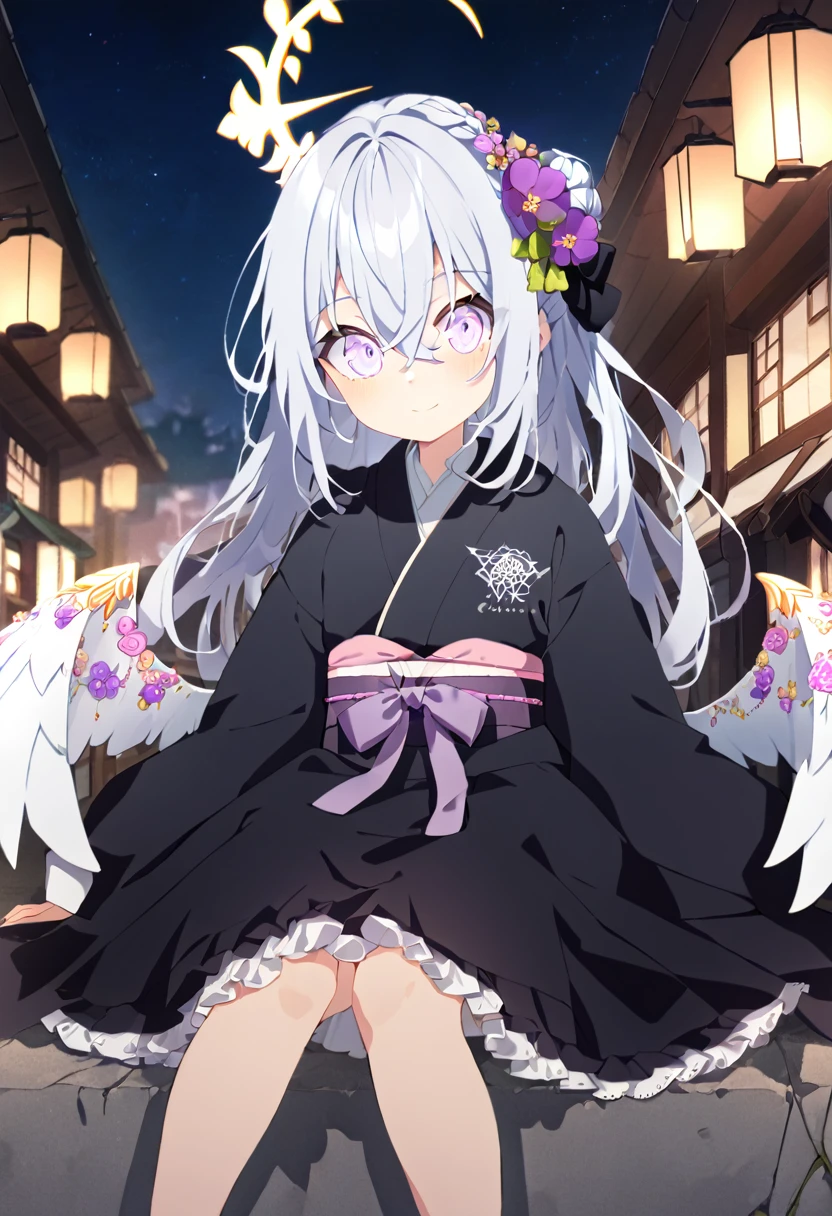azusa \(blue archive\),1girl alternate_costume alternate_hairstyle angel_wings bench blurry braid braided_bun building depth_of_field feathered_wings flower hair_between_eyes hair_bun halo japanese_clothes kimono lamppost long_hair long_sleeves looking_at_viewer night night_sky obi obiage park park_bench purple_eyes sash sidelocks single_hair_bun sitting sky skyline skyscraper solo star_(sky) starry_sky stuffed_toy tree v_arms white_hair white_wings wide_sleeves wings yukata smile