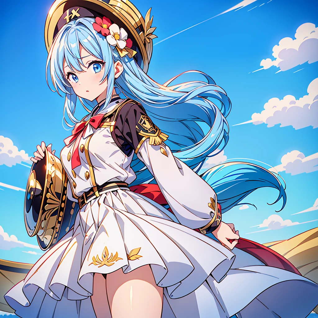 1girl、Dynamic composition、marching band、(((Masterpiece、Highest quality、Official Art、Super detailed、Handsome face、Dynamic composition)))、Anime Style、(Milky white and blue hair:1.3),(blue eyes:1.4),(Bright colors:1.4),((Asanoha background:1.3)),, marching bandのユニフォームを着たクールな女の子, marching band hat、mini skirt, Frills, Black and white with gold embroidered flag held in both hands,（background:Large red flag on the back with gold floral embroidery, Note, )、euphonium、Huge Flag、X composition
