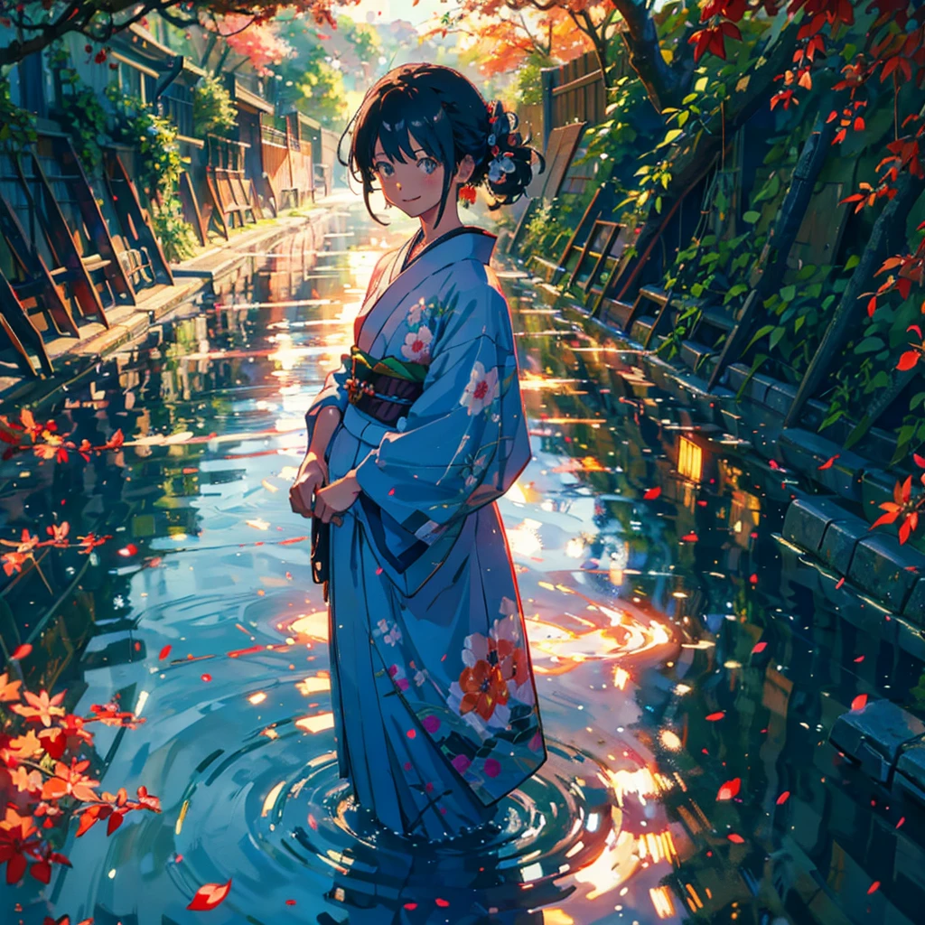 (masterpiece), (high resolution 8K), professional illustration,(1 girl:1.3), late teenage, standing, thigh focus, dutch angle, japanese clothes, kimono, hair ornament, long hair, smile, looking up, shrine, temple, torii, beautiful starry sky, night,natural lighting, high contrast, stunning face, symmetrical clear eyes, detailed eyes and face, detailed skin