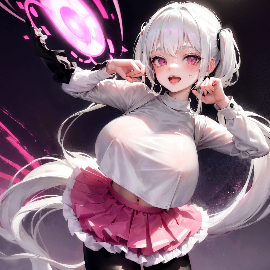 1girl, white hair, short twintails, extremely happy, cheerful, pink eyes, wearing plain black shirt, pink skirt, black leggings, city, absurdres, high res, ultrasharp, 8K, masterpiece, looking at viewer, no hat, holding orange glowsticks in hands, wet clothes, revealing