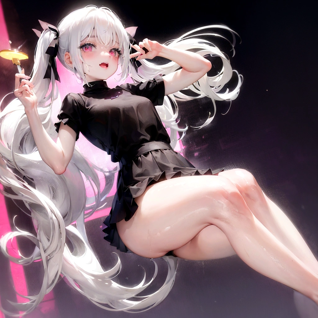 1girl, white hair, short twintails, extremely happy, cheerful, pink eyes, wearing plain black shirt, pink skirt, black leggings, city, absurdres, high res, ultrasharp, 8K, masterpiece, looking at viewer, no hat, holding orange glowsticks in hands, wet clothes, revealing