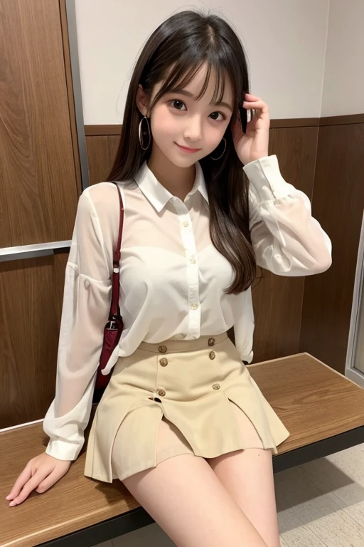 Cute Girls、high school girl、Idol、Beige mini skirt、See-through、sit