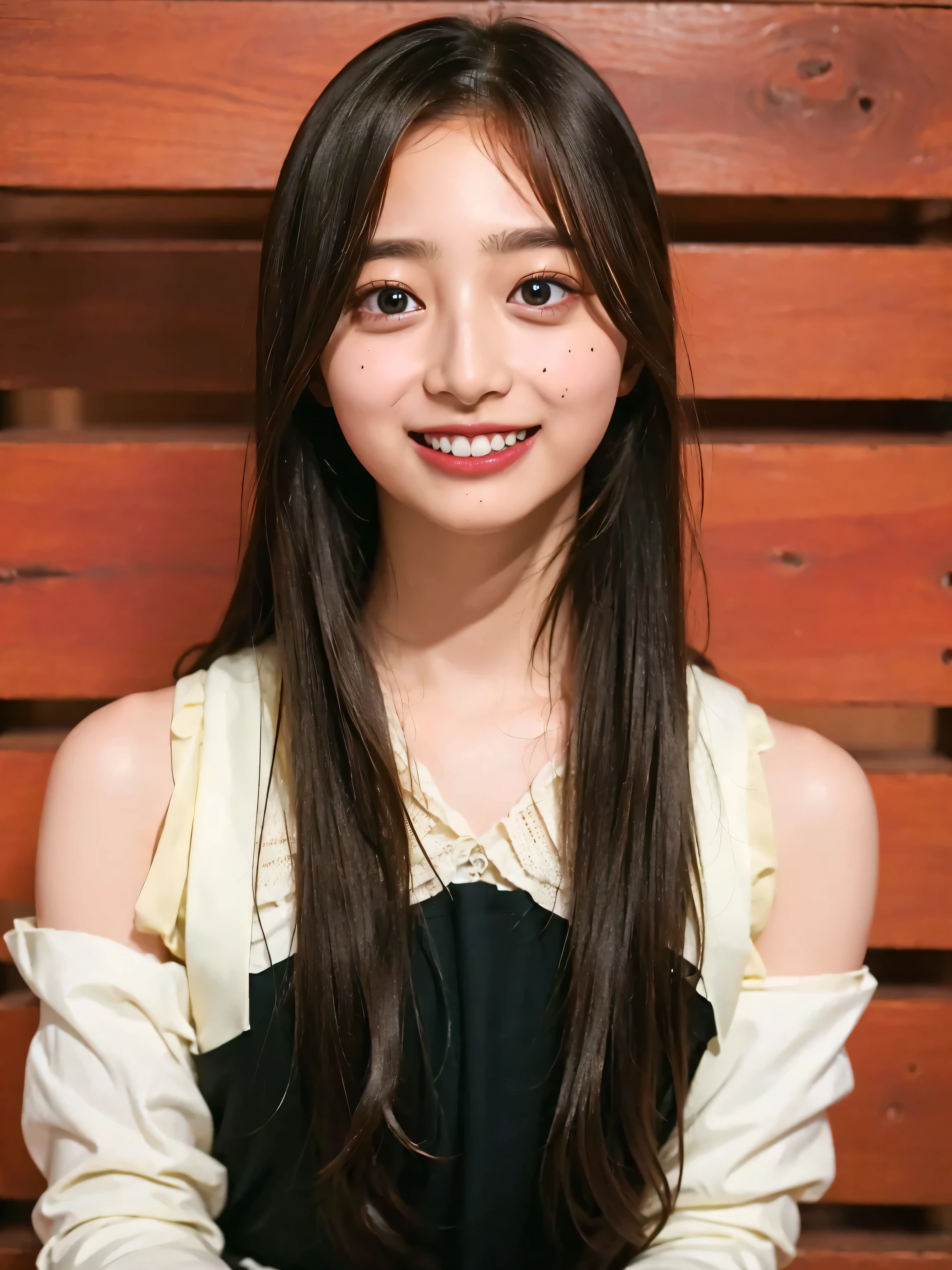 ((highest quality、8k、masterpiece:1.3)),((((upper body shot)))),Ultra-high resolution,big eyes,Japanese,forehead,bangs,(a girl),(1 girl),((16 years old)),((cute)),pretty,((facing at viewer)),(long hair),((black clothes)),grin