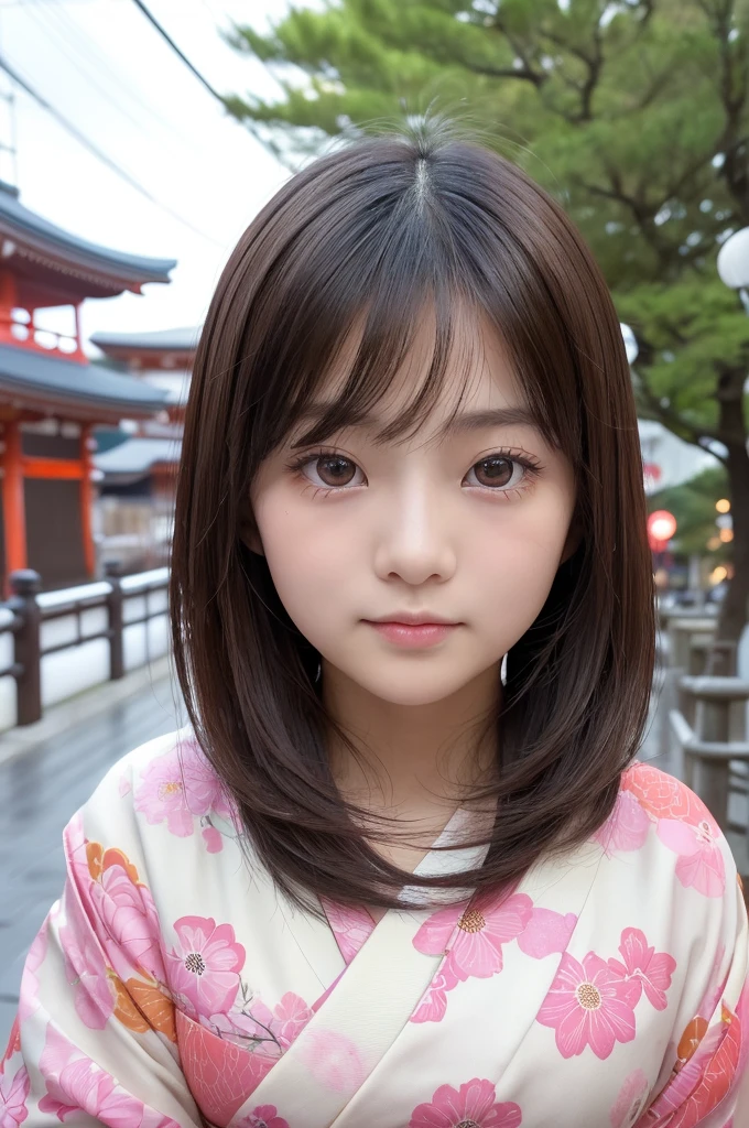 (1 Girl )、(Beautiful Japanese、18years old,round face、Refreshing、clear、seems kind、stylish、Pitiful、cute like an angel、cute、black eyes、(Single eyelid:1.3)、Beautiful skin), {(Japan human face:1.5),(General facial features)} , (((Beautiful breasts:0.4))),(((soft breasts))),(very cute),(medium long hair),(enchanting eyes),(highlight on eyes:1.2)、(8K、Live shooting、highest quality、masterpiece:1.2、optimal lighting)、((masterpiece)),(Photo taken by a professional photographer),(real、photo real:1.4),BREAK,{(Japanese Yukata),(kimono),(Cute pattern of pink flowers on a white background)},(cheeks are red:1.3), BREAK, BREAK,Face shot:1.3、 face close-up,Looking at viewer,Embarrassed face、Jaw bite,Shy、buzzer、from above,(((1970s vibe)))、dynamic angle、,Lantern、night,shrine