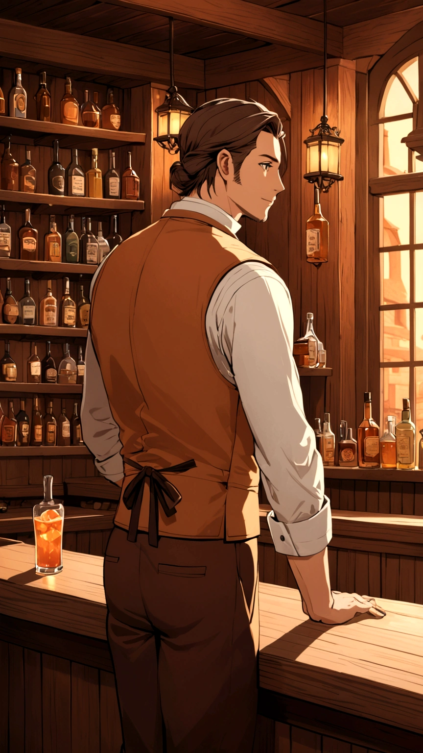 an empty tavern, bartender, cozy, (side view:1.2), warm color palette