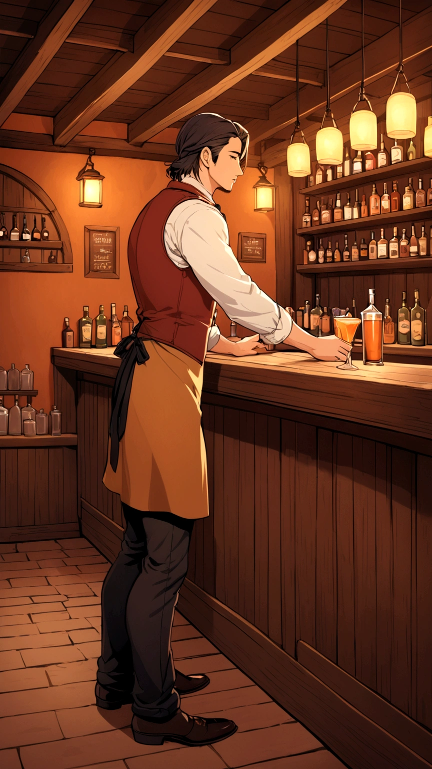 an empty tavern, bartender, cozy, (side view:1.2), warm color palette