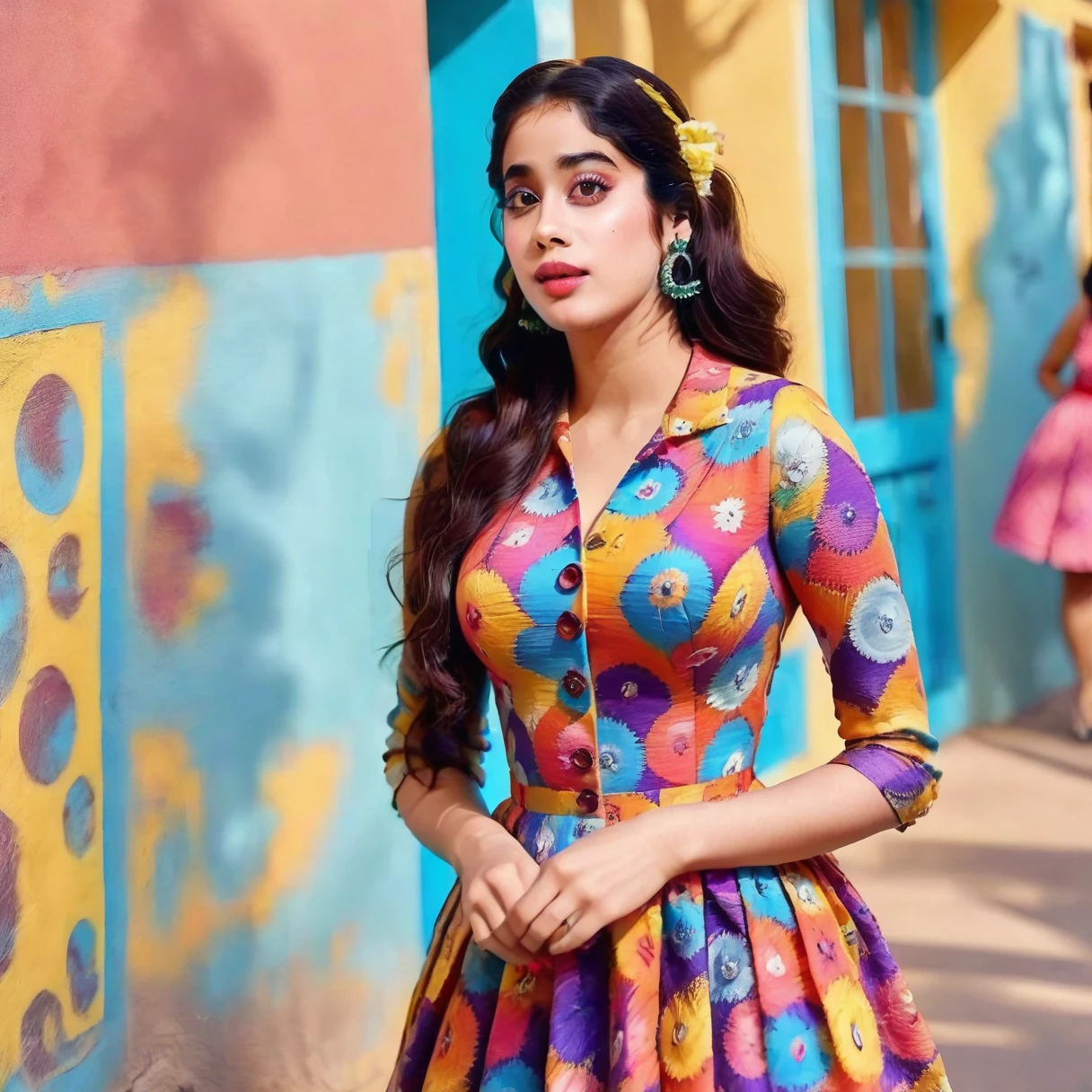 JanhviKapoor, A captivating image of a woman wearing a vintage-inspired outfit, reminiscent of the fifties or sixties. The woman's clothing is embellished with intricate TGIF patterns and textures, and the vibrant colors of her hair blend seamlessly with the vintage elements. Her expression is serene and determined, while the background is a vibrant, vibrant mix of vibrant colors. wide aperture, standard lens, high contrast