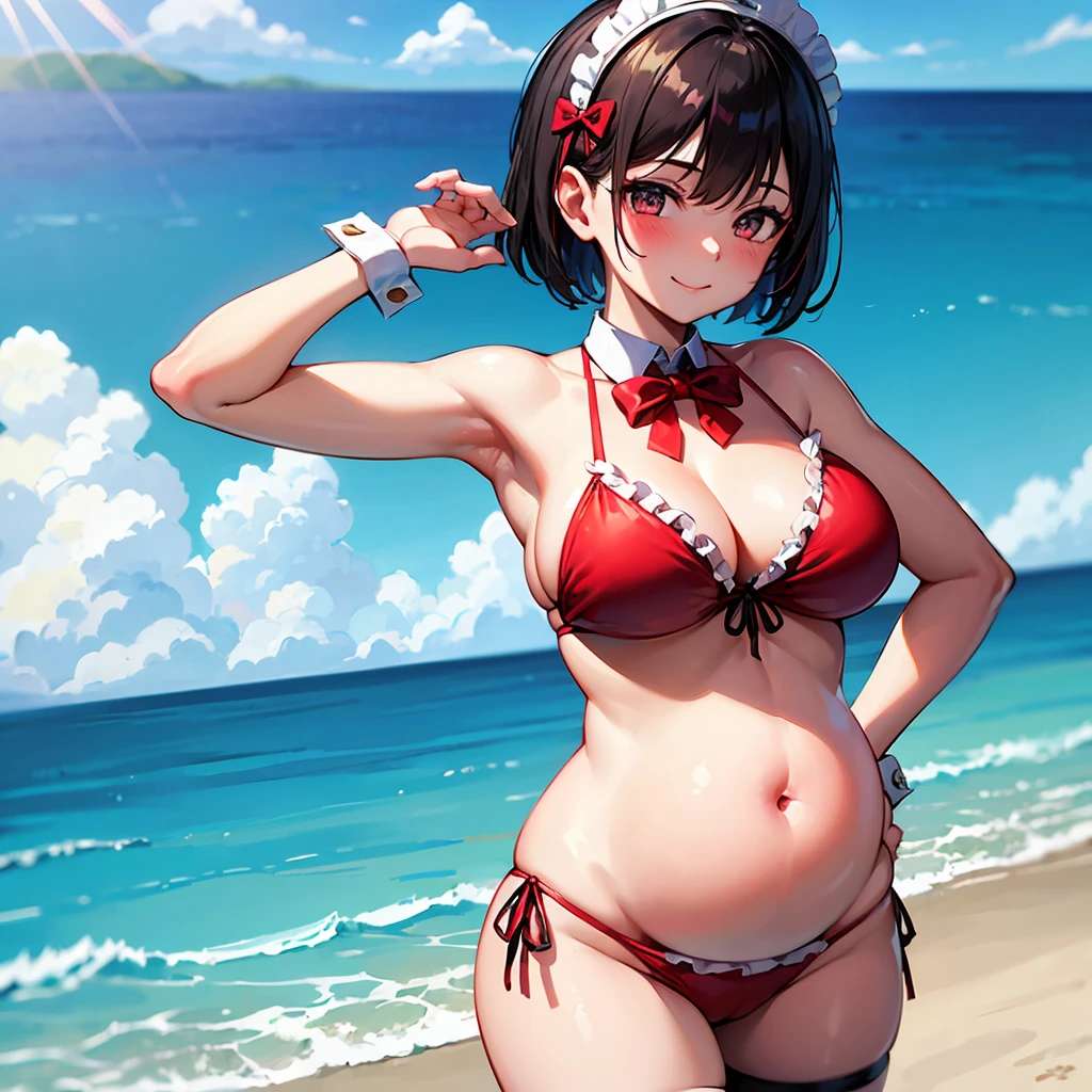 1 girl, solo, breasts, looking at viewer, blushing, smiling, short hair, bangs, black hair, ribbon, belly button, cleavage, jewelry, need big breasts, mouth closed, swimsuit, bikini, cowboy shot, outdoors, frills, sky, daytime, clouds, hands up, bow tie, belly, red ribbon, blue sky, hands on hips, wrist cuffs, maid, maid's headdress, thigh straps, detached collar, underbust, side-tie bikini bottoms, ocean, beach, sunlight, red bow tie, frilly bikini, sun, pink bikini, bridal garter, maid bikini, pregnant, belly bulge