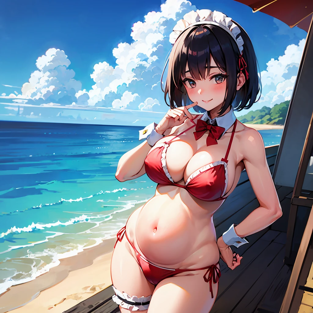 1 girl, solo, breasts, looking at viewer, blushing, smiling, short hair, bangs, black hair, ribbon, belly button, cleavage, jewelry, need big breasts, mouth closed, swimsuit, bikini, cowboy shot, outdoors, frills, sky, daytime, clouds, hands up, bow tie, belly, red ribbon, blue sky, hands on hips, wrist cuffs, maid, maid's headdress, thigh straps, detached collar, underbust, side-tie bikini bottoms, ocean, beach, sunlight, red bow tie, frilly bikini, sun, pink bikini, bridal garter, maid bikini, pregnant, belly bulge