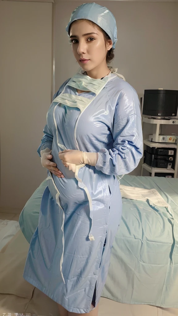 ((masterpiece, best quality, high quality)),1girl, pregnant with big belly, big breasts, (hospital), infirmary, (surgical_uniform, long sleeves, long dress, latex gloves, surgical mask,surgical cap),