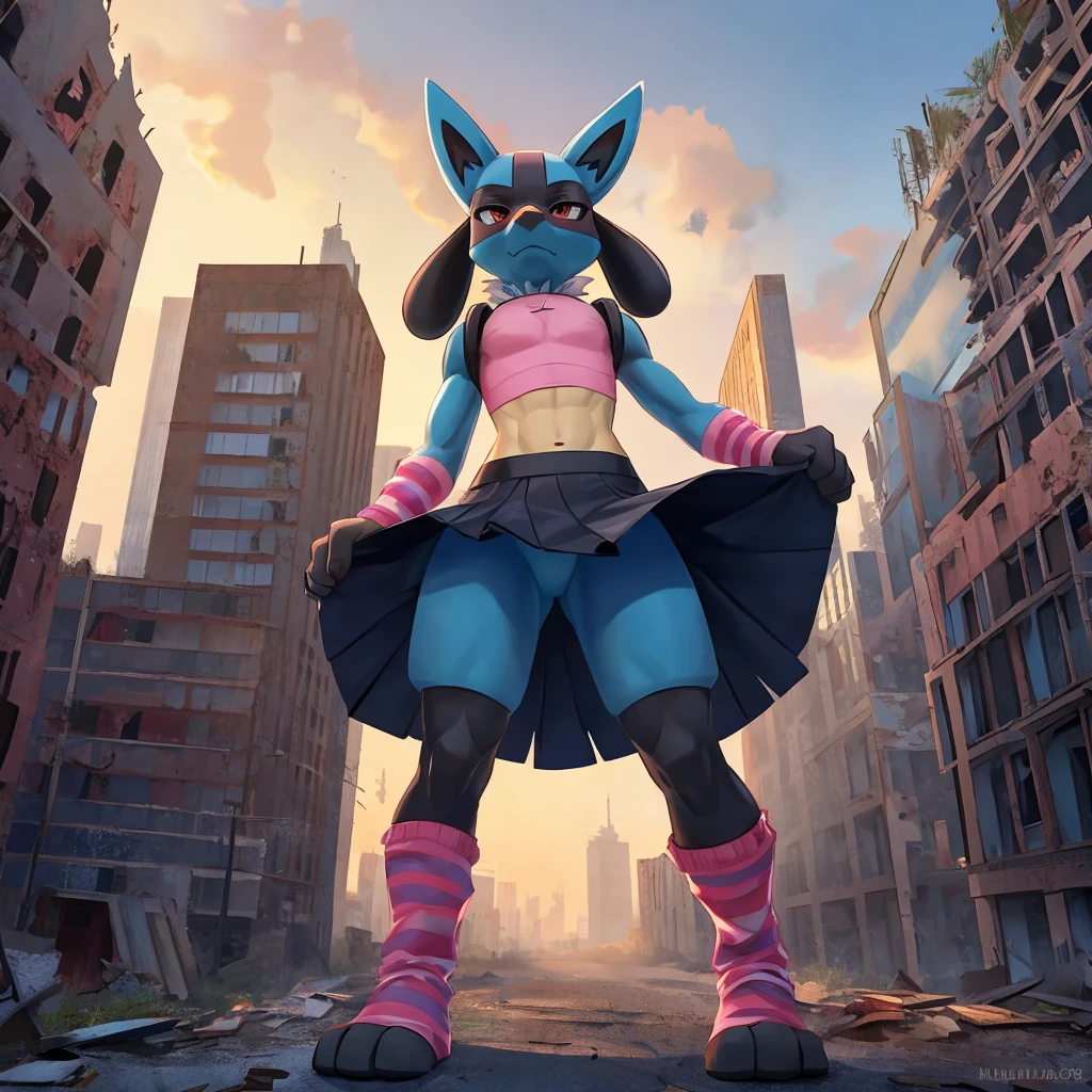 Lucario, male, only person, wearing a small femboy crop top and skirt, striped arm and leg warmers, strong wind blowing up skirt and crop top, holding back down, upward front view, standing onto of a skyscraper in a abandoned city
