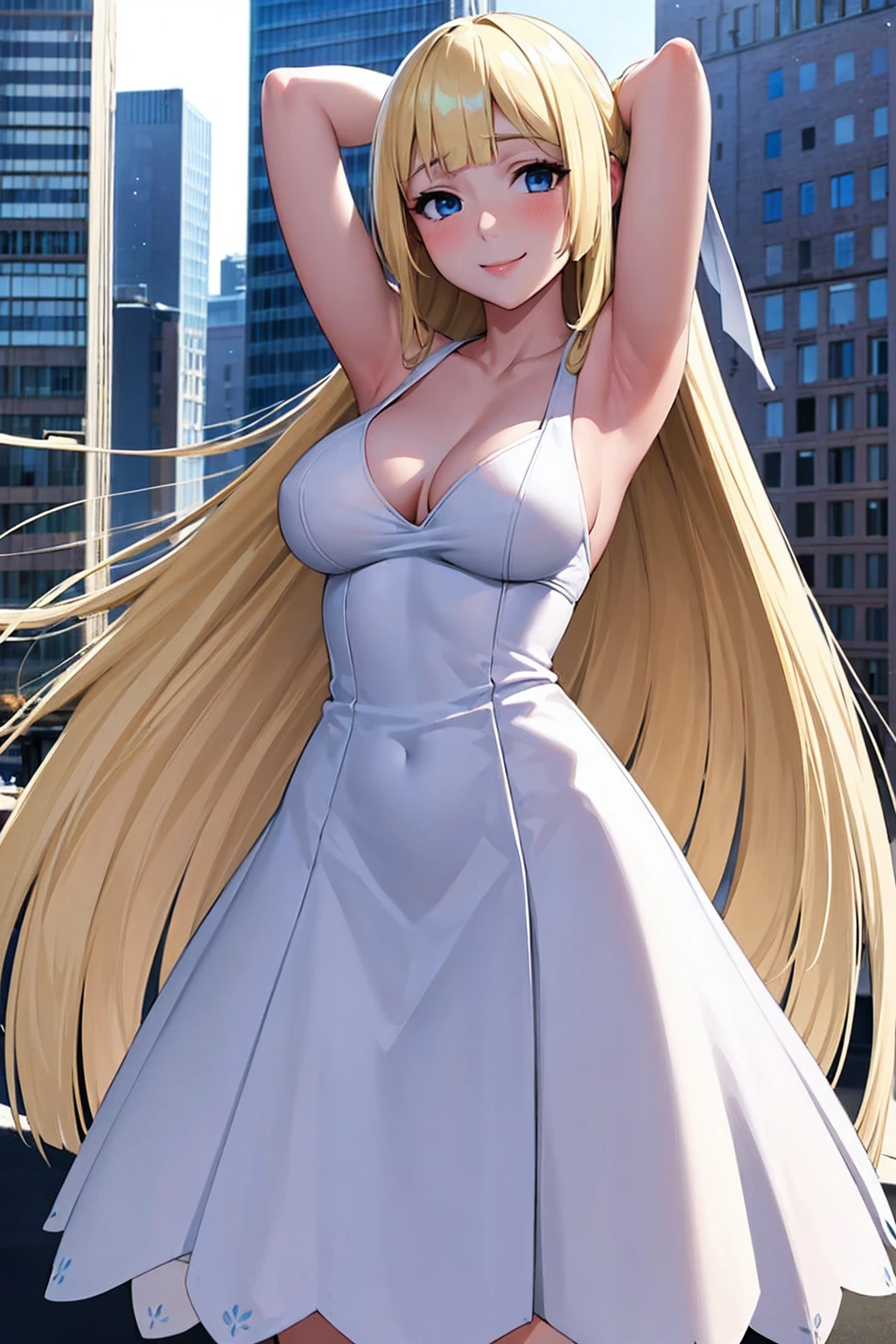 Masterpiece, stunning realistic, best quality, sharpness, 1 girl ,Lillie,blonde hair,blue eyes ,white headwate,white dress ,blaue fliege,medium breasts,standing in a city,arms behind head,cute smile,half body