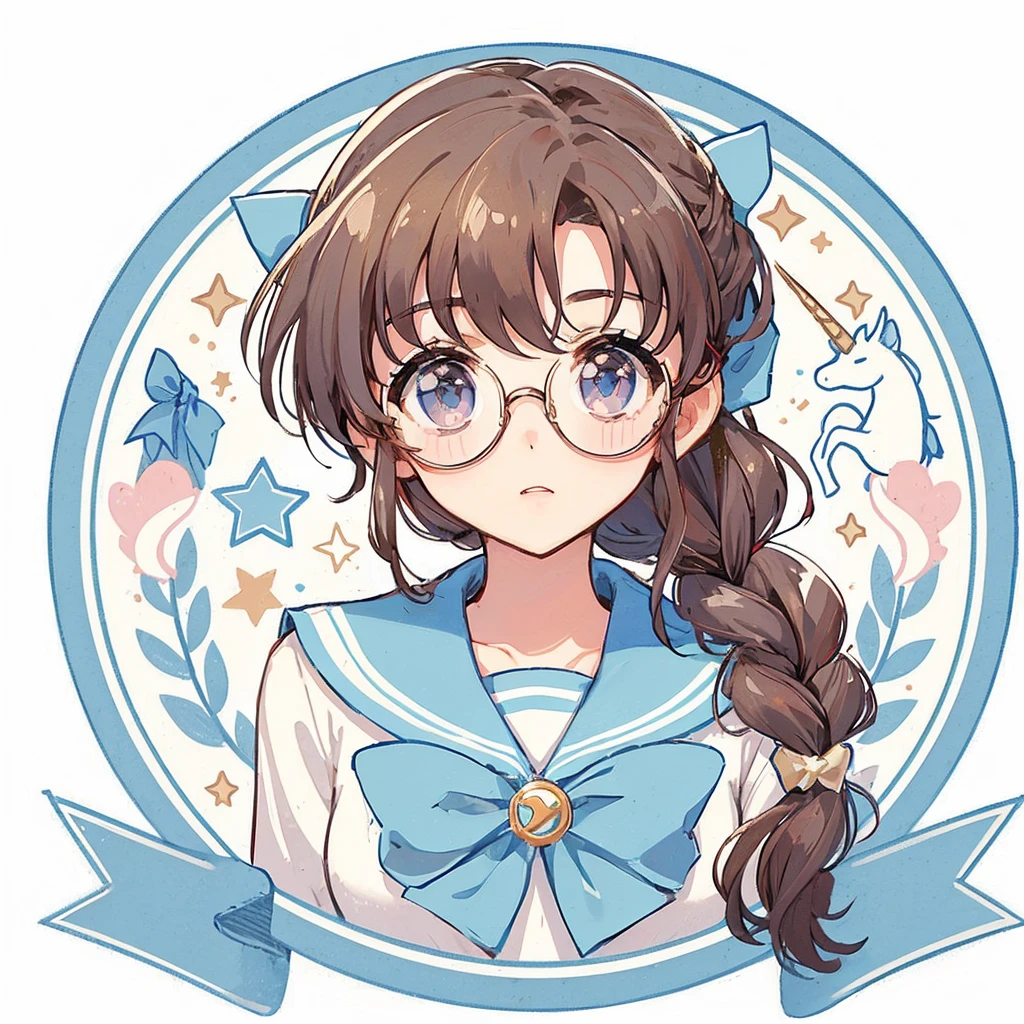 Circular emblem{star、ribbon、unicorn、candy、rainbow}、A girl with a single braided hairstyle{Glasses、Brown Hair、Brown eyes、Light blue sailor suit、Red neckerchief}