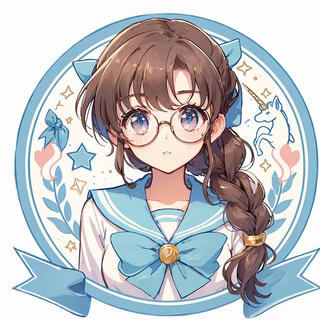 Circular emblem{star、ribbon、unicorn、candy、rainbow}、A girl with a single braided hairstyle{Glasses、Brown Hair、Brown eyes、Light blue sailor suit、Red neckerchief}