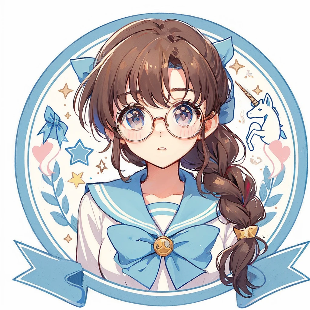 Circular emblem{star、ribbon、unicorn、candy、rainbow}、A girl with a single braided hairstyle{Glasses、Brown Hair、Brown eyes、Light blue sailor suit、Red neckerchief}