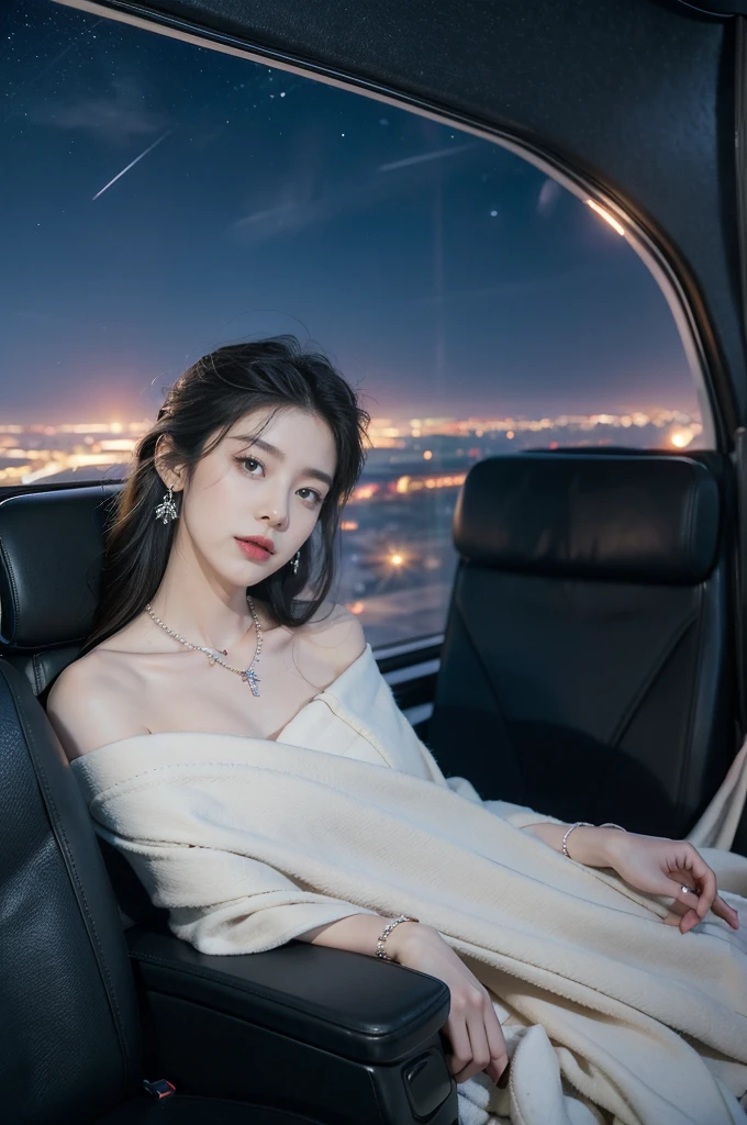 (((best quality))),(((ultra detailed))),(((masterpiece))),illustration,(a beautiful girl,female passenger,solo),(parted red lips),((slim,thin)),((bare back,towering hips,butt crack)),((earrings,crystal necklace)),(slender legs:1.2),(sitting on the seat:1.2),summer night,((in airplane,economy class,indoor)),(blanket over shoulders:1.3),((dress)),(shoulder length straight bob hair:1.2),stars,moonlight,smooth flight,engine sound,lullaby,relaxed,excited,laughing,visiting family,comfortable seats,soft fabric,headrests,adjustable,beauty of night sky,dimmed lights,sleeping passengers,movies,personal screens,staying awake,magic of sky,joy of being with family,memorable journey,adventures,(surrounded by crowded crowds:1.3),(Outside the window is high-altitude night view:1.2),((from back,upper body))