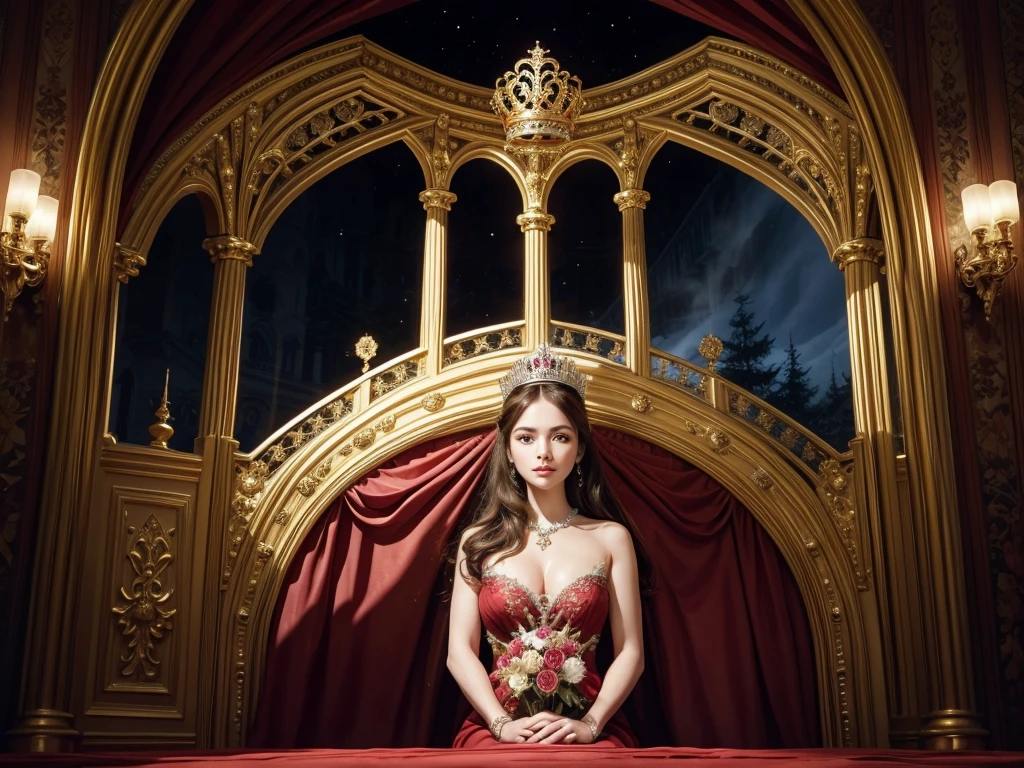 Create the image of a crown: The crown is built on a sturdy circular base, made of solid gold. About the base, four elegant arches rise, decorated with delicate filigree and precious gem inlays, como rubis e sapphires. Each arch ends in a golden cross. Along the crown arches, precious gems are set, reflecting the colors of the Swiss flag and representing rudeness. rubies, sapphires; and diamond among the gems, pearls adorn the crown. Intertwined in the arches of the crown, are delicate carved flowers and leaves, inspired by the alpine flora of Switzerland, like edelweiss and rhododendrons. into the image, there will only be the crown, without anyone using it
