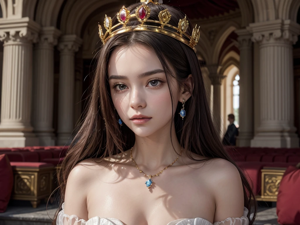 Create the image of a crown: The crown is built on a sturdy circular base, made of solid gold. About the base, four elegant arches rise, decorated with delicate filigree and precious gem inlays, como rubis e sapphires. Each arch ends in a golden cross. Along the crown arches, precious gems are set, reflecting the colors of the Swiss flag and representing rudeness. rubies, sapphires; and diamond among the gems, pearls adorn the crown. Intertwined in the arches of the crown, are delicate carved flowers and leaves, inspired by the alpine flora of Switzerland, like edelweiss and rhododendrons. into the image, there will only be the crown, without anyone using it
