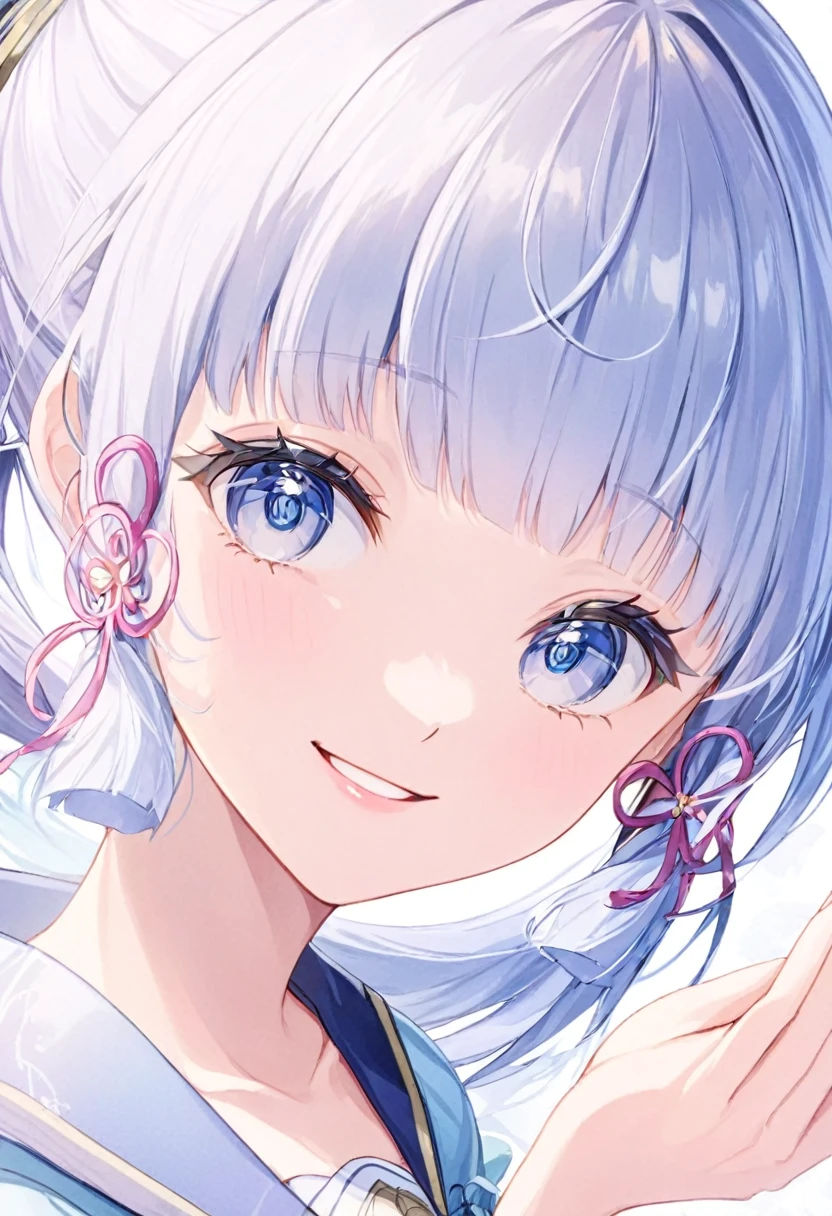 Super detailed,(Highest quality),((masterpiece)),(High resolution),original,Highly detailed 8k wallpaper,(Very delicate and beautiful),Highest_hand,anime,    (\Kamisato Ayaka\),Beautiful pupils,White background,smile