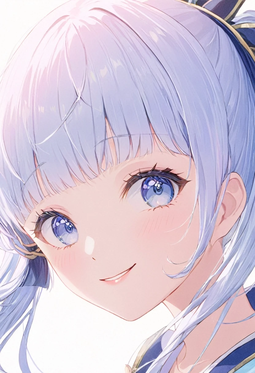 Super detailed,(Highest quality),((masterpiece)),(High resolution),original,Highly detailed 8k wallpaper,(Very delicate and beautiful),Highest_hand,anime, (\Kamisato Ayaka\),Beautiful pupils,White background,smile