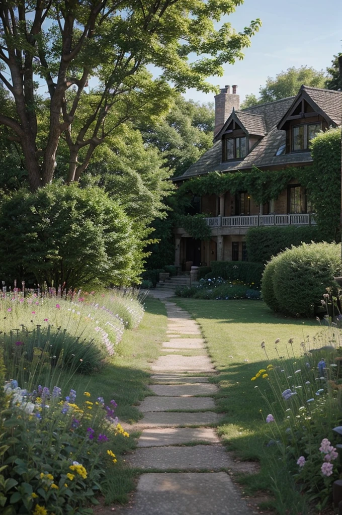 landscape design of the area in front of a country house, flowers, trees, Shrubs, walking paths