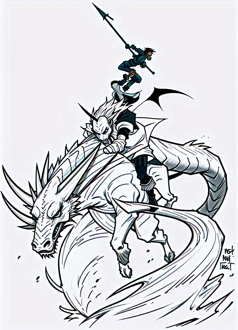 drawing of a man Riding a Dragon with a sword and a spear, human and dragon fusion, fighting a dragon, Riding a Dragon, but like an anthropomorphic dragon, dragon in the background, Dragon Knight, fat dragon with rider, battle with dragon, like an anthropomorphic dragon, but as a dragon, dnd character, detailded, but rough, Approximate sketch