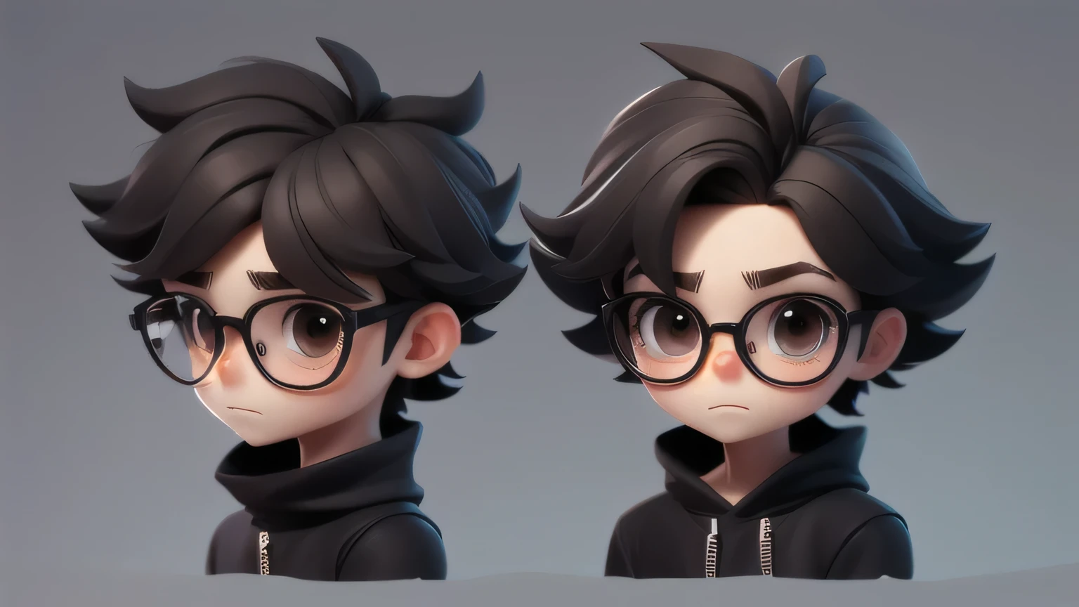 Feared Boy chibi with black pullover, dark brown eyes, black glasses, Short texture crop style hair. Clear Background