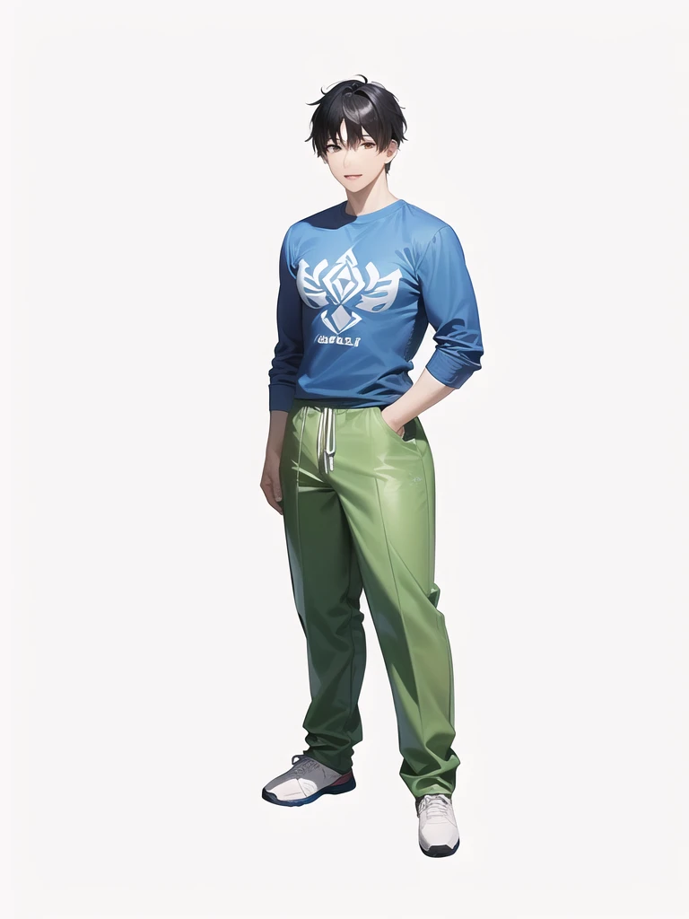 asian man with outfit over size ,with blue t shirt and green pants