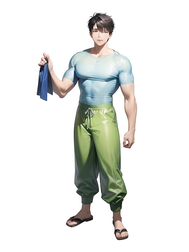 asian man with outfit over size ,with blue t shirt and green pants