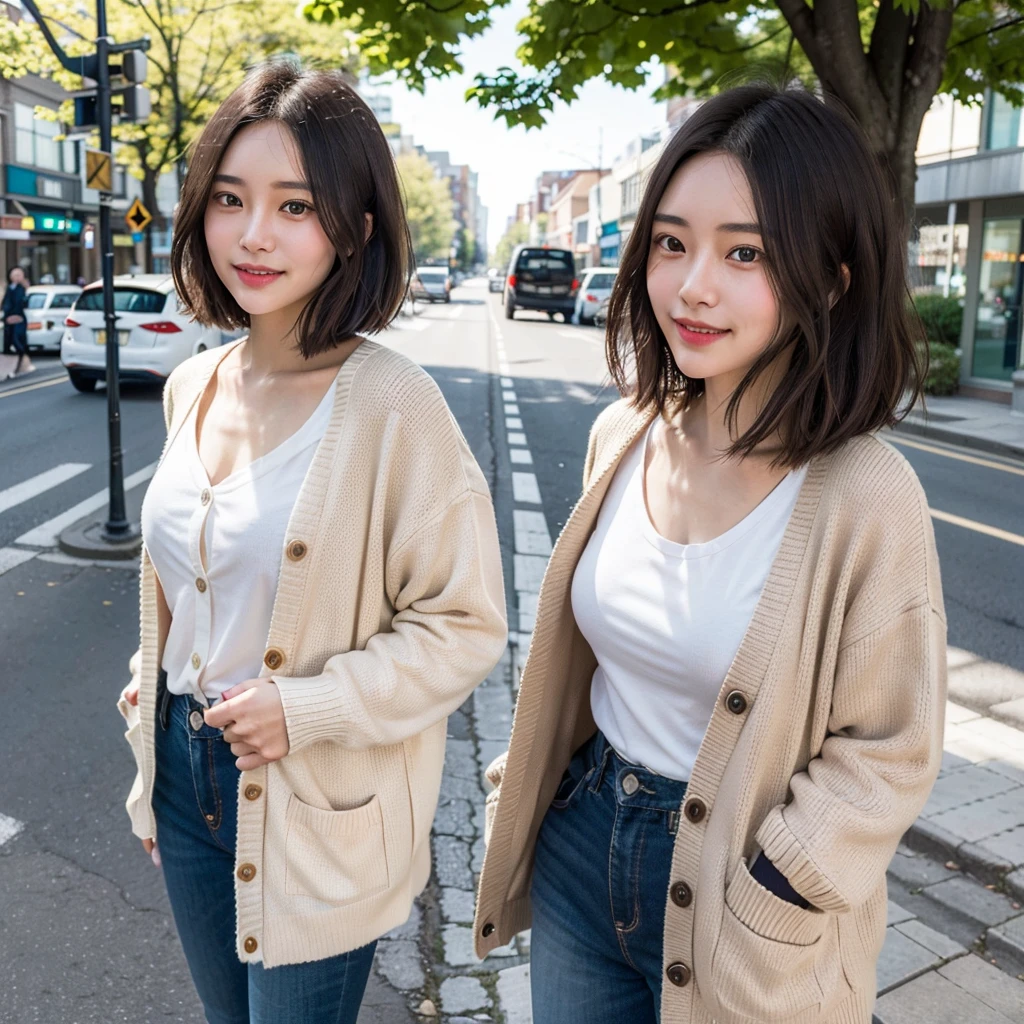 A young woman with a short, dark brown bob hairstyle、Standing outside on a sunny day。A sweet toothy smile appeared on her face.、the skin is smooth and white。She is wearing a soft, fluffy white blouse with one button open and a light brown cardigan over it.。In the background、Street trees with lush green leaves、Blurred traffic signs、You can see the pedestrian crossing。Natural light casts soft shadows on her face and hair.、It highlights the features。The scene is peaceful and bright.、Capturing a serene moment。