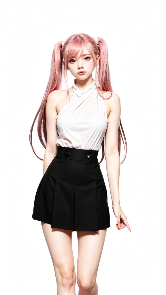 1 girl, long hair twin tail, pink color hair, pink eyes color, white suit, black mini skirt, black shoes, beautiful girl, cute girl, sexy girls, ultra detail, realistic, cosplayer, 80 mn lens 