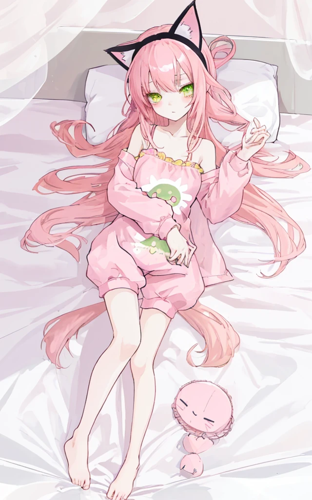 cute anime girl with long pink hair and yellow green eyes, on bed, a cup size, short height, slim body, wearing sleeping wear and cat headband.