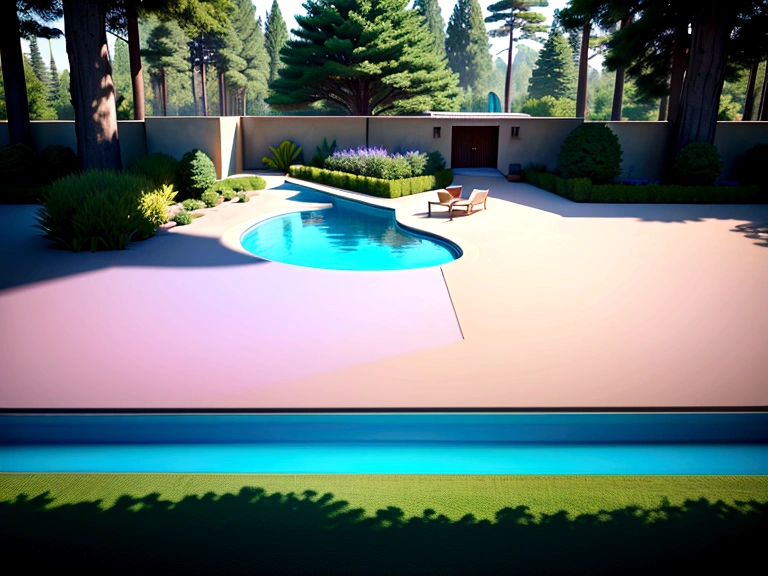 Organic modern architecture on a fairly large plot, from , there is a swimming pool in the middle of a large house of a flower, color of the house in chocolate brown and black beams, large modern residence, flat roofs and garden, render luxcore, render oktane, a photorealistic rendering, architectural rendering, mantra rendering, architectural rendering, realistic rendering, architectural visualization, wellness pool, Architectural visualization, large green zones, with small zones of lavender flowers, green shrubs type lush green garden, as well as small water mirrors, swimming pool embedded in an area of sand, olive and pine trees around the house, paddle court next to the house