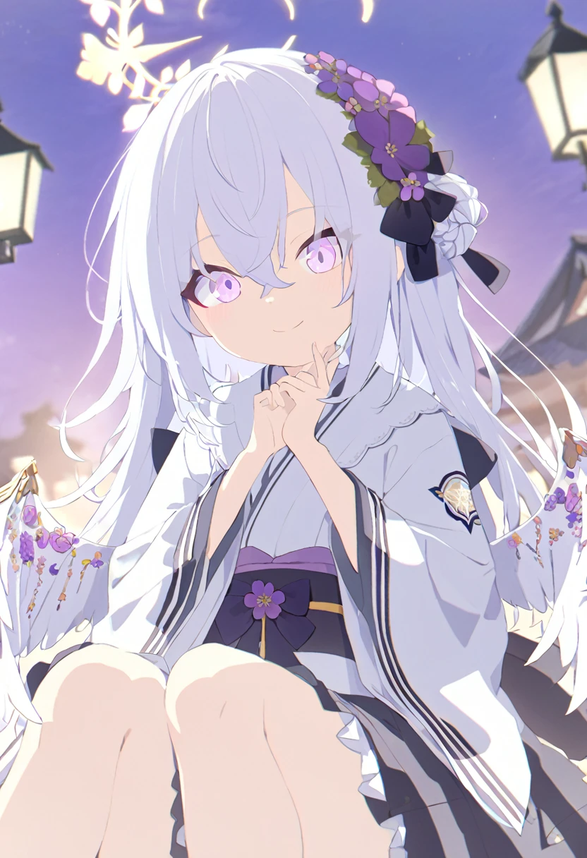 azusa \(blue archive\),1girl alternate_costume alternate_hairstyle angel_wings bench blurry braid braided_bun building depth_of_field feathered_wings flower hair_between_eyes hair_bun halo japanese_clothes kimono lamppost long_hair long_sleeves looking_at_viewer night night_sky obi obiage park park_bench purple_eyes sash sidelocks single_hair_bun sitting sky skyline skyscraper solo star_(sky) starry_sky stuffed_toy tree v_arms white_hair white_wings wide_sleeves wings yukata smile