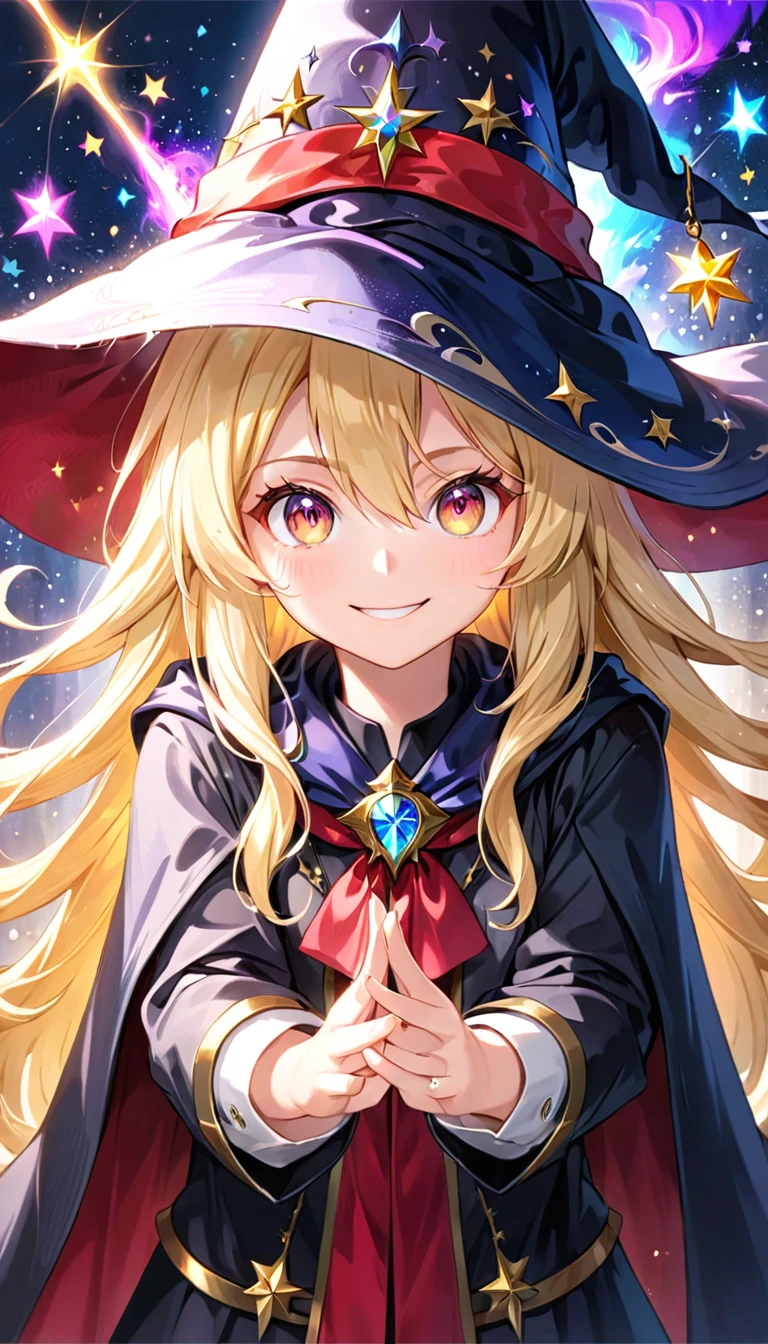 ((best quality)), ((masterpiece)), (detailed face and eyes), detailed hands and fingers, perfect face, accurate, textured skin, high details, blonde hair, gradient hair, hair between eyes, hair over shoulder, big hair, hair over eyes, hair flaps, mole under eye, tareme, smile, Expressionism, anime, sparkle, Pastel art, wizard, wizard hat, black cloak, red ribbon, Magic that emits light, Torrent of Light, wide shot, vanishing point