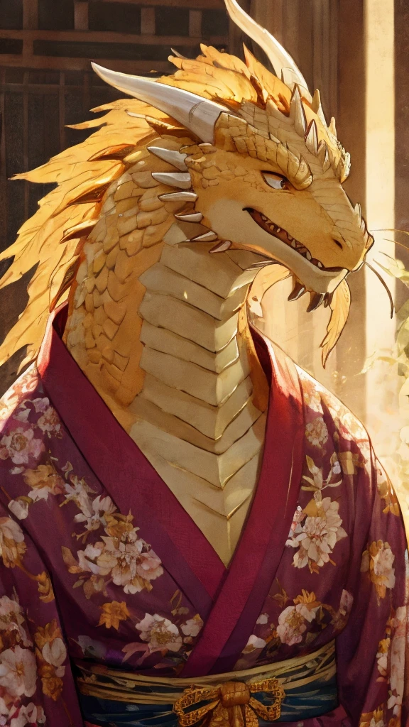 Dragon personification、Yellow scales、Bright expression、Long dragon whiskers、Kimono without a pattern、Thick neck